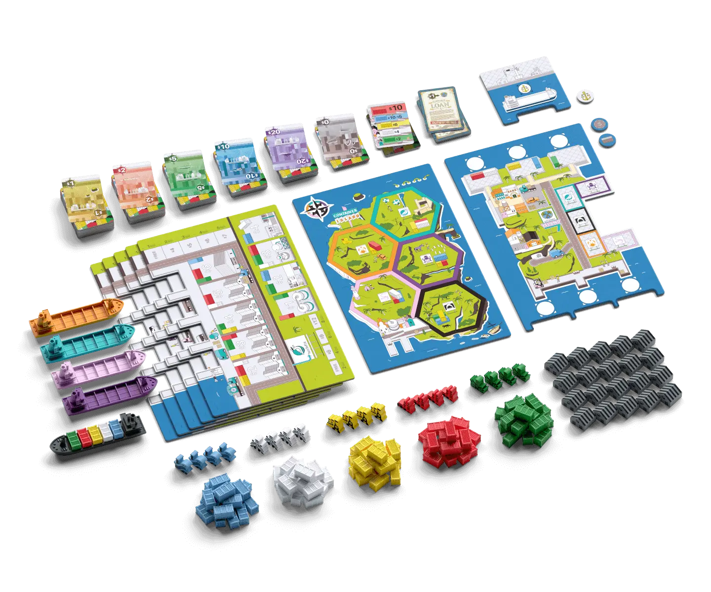 Container (Deluxe Edition) board game with ships, cards, tokens, and tiles arranged on a white surface.