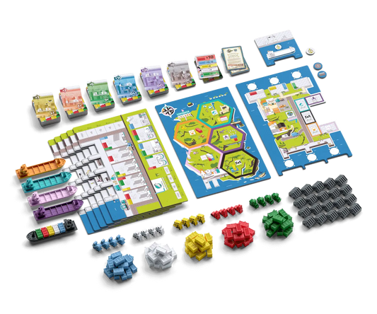 Container (Deluxe Edition) board game with ships, cards, tokens, and tiles arranged on a white surface.