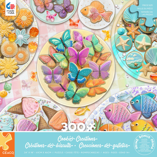 Cookie Creations 300 Piece Puzzle by Rose Khan featuring butterfly, fish, and seashell cookie designs.