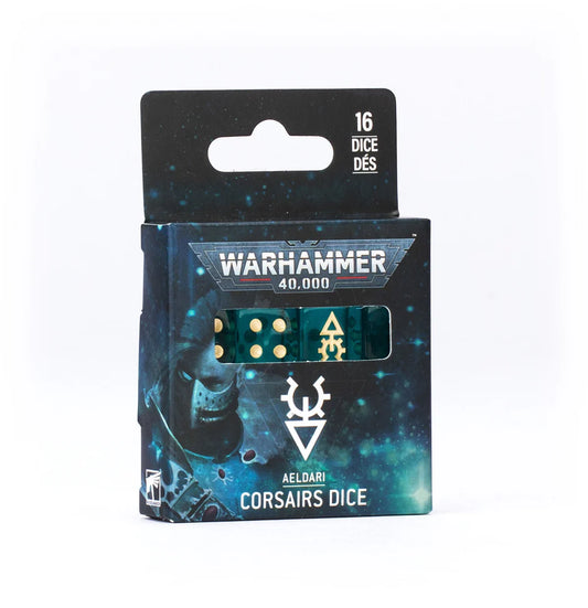Warhammer 40,000 Aeldari Corsairs Dice set of 16 gem-effect acrylic dice with gold symbols and pips.