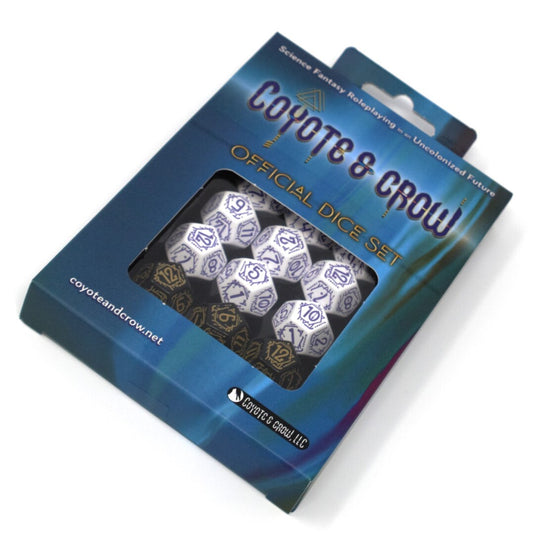 Coyote & Crow Custom Dice set with white 12-sided dice, blue and gold markings, by QWorkshop.