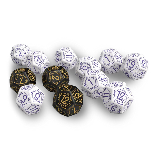 Twelve Coyote & Crow Custom Dice: nine white with purple and three black with gold, displayed on a white surface.