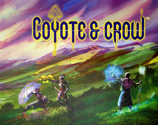 Coyote & Crow Story Guide Screen featuring three figures with glowing weapons on grass under a vibrant sky.