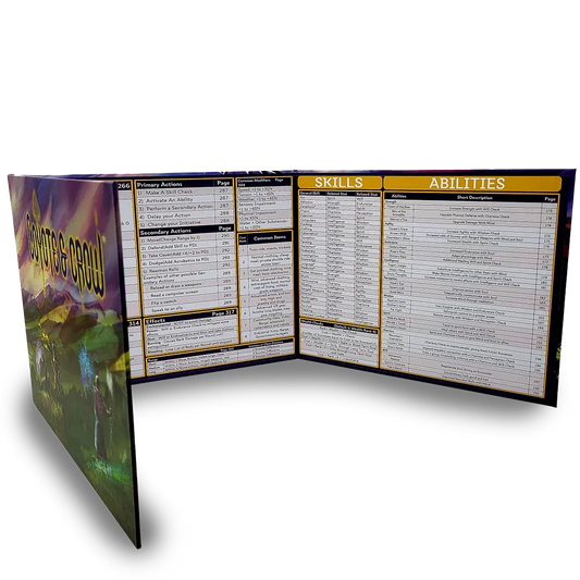 Coyote & Crow Story Guide Screen open, displaying roleplaying game skill and action tables.