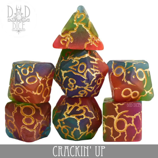 Crackin Up: Colorful crackle-patterned resin dice with gold numbers, stacked.
