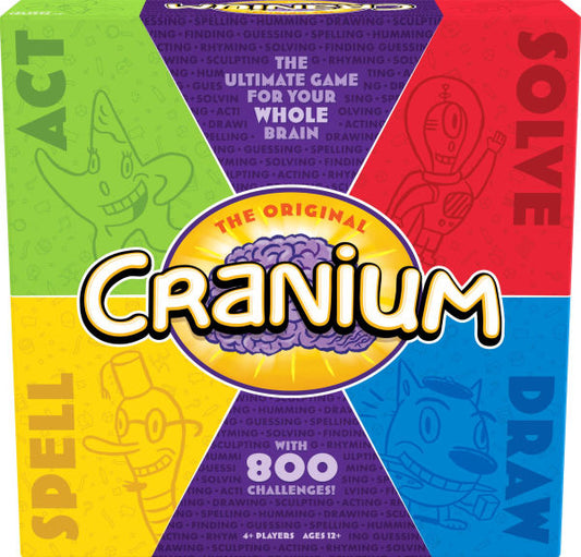 Cranium Classic game box showing Act, Solve, Spell, and Draw sections with cartoon characters.