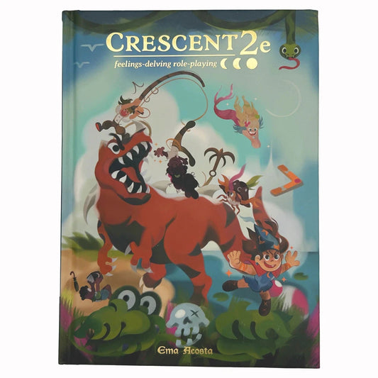The Crescent 2E: Feelings Delving Roleplaying Core Rules hardcover book featuring a dinosaur and diverse characters.