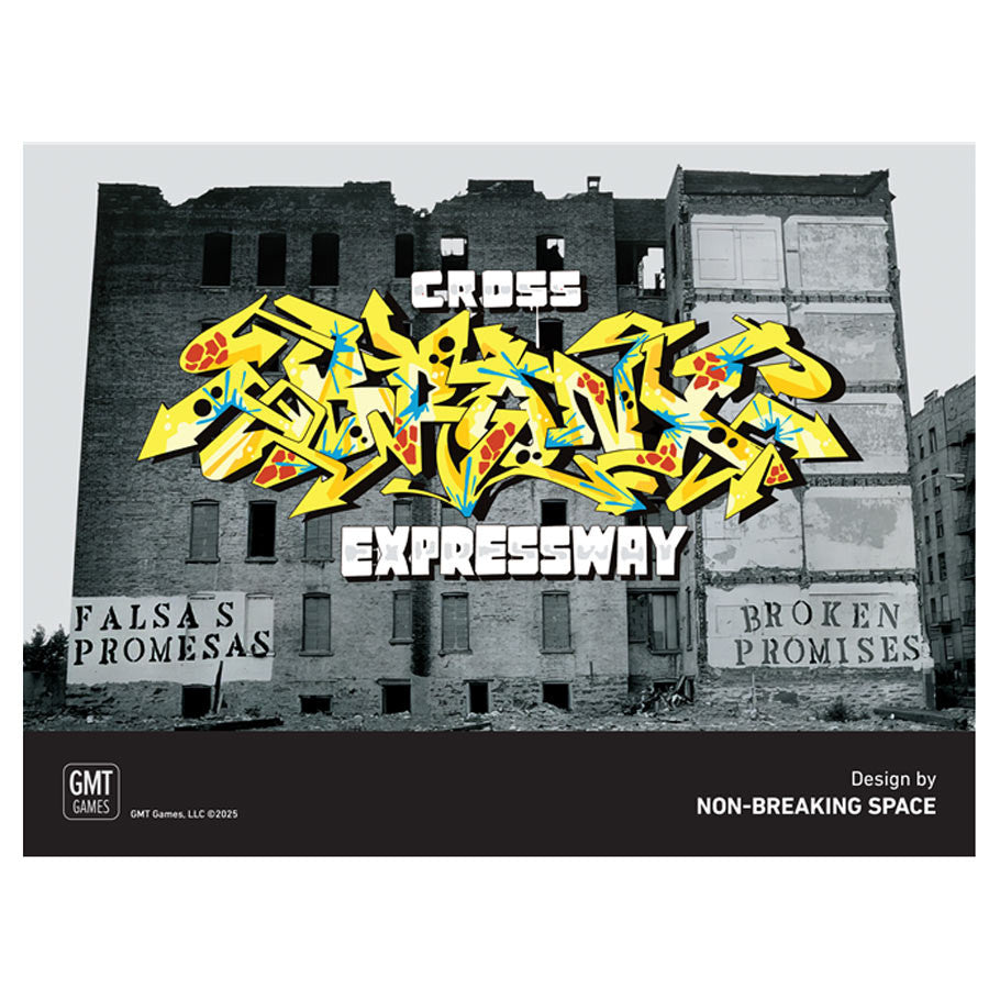 Graffiti mural with the words “Cross-Bronx Expressway” on a black-and-white urban decay background.