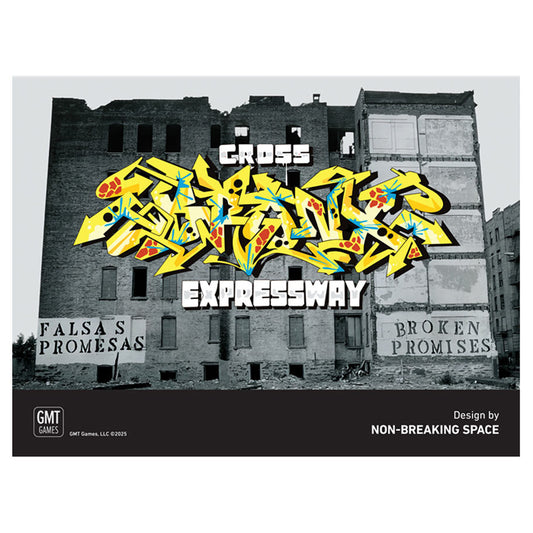 Graffiti mural with the words “Cross-Bronx Expressway” on a black-and-white urban decay background.