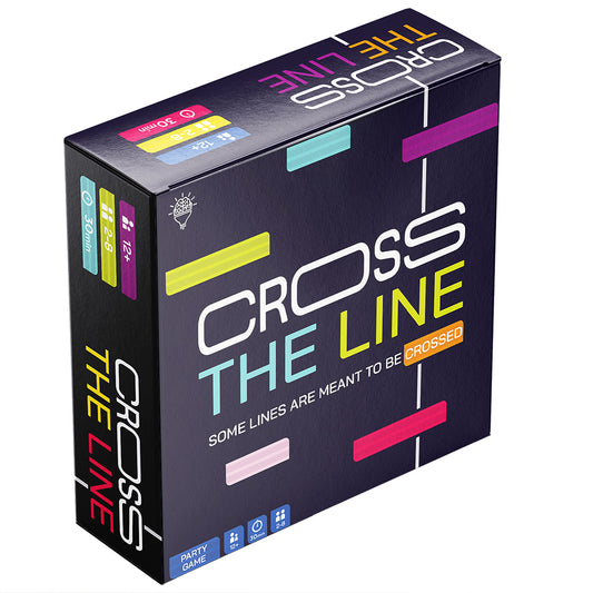 Cross the Line board game box with bold colors and the slogan Some lines are meant to be crossed on the front.
