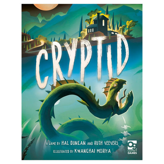 Cryptid board game box featuring a green sea serpent, mysterious building, and bold Cryptid title text.