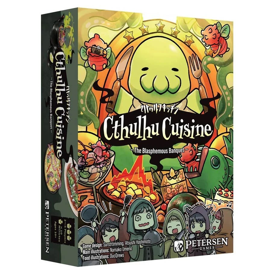Cthulhu Cuisine board game box with cartoon Cthulhu, Demon Chefs, and Cthulhu Mythos-themed food illustrations.