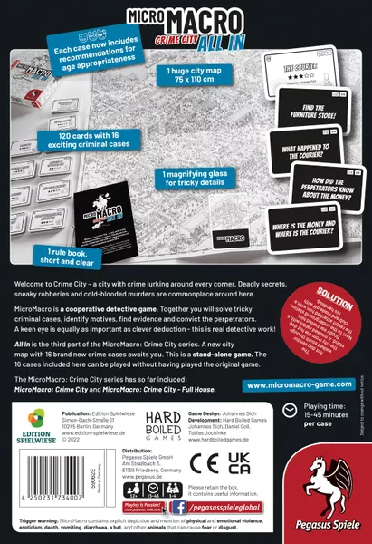 MicroMacro Crime City All In back cover showing game contents and a short description of this crime-solving board game.
