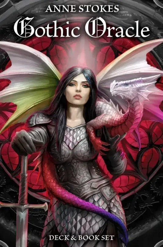 Anne Stokes Gothic Oracle card featuring a woman in armor with a sword, pink dragon, and wings.