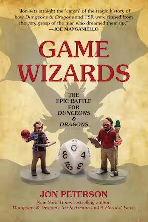 Game Wizards book cover featuring two figurines, a large die, and a shadowy dragon.