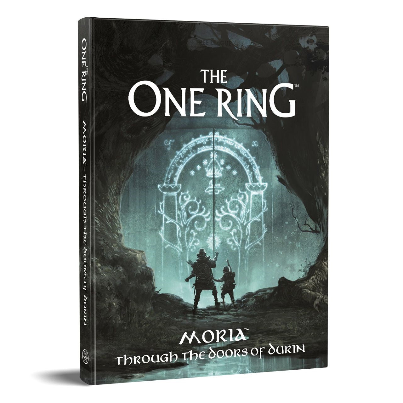 The One Ring RPG: Moria – Through the Doors of Durin cover featuring two figures before an illuminated door.