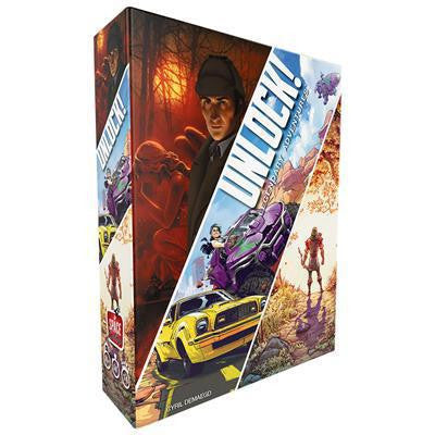 Unlock Legendary Adventures card game box featuring detective, car chase, and robot themes.