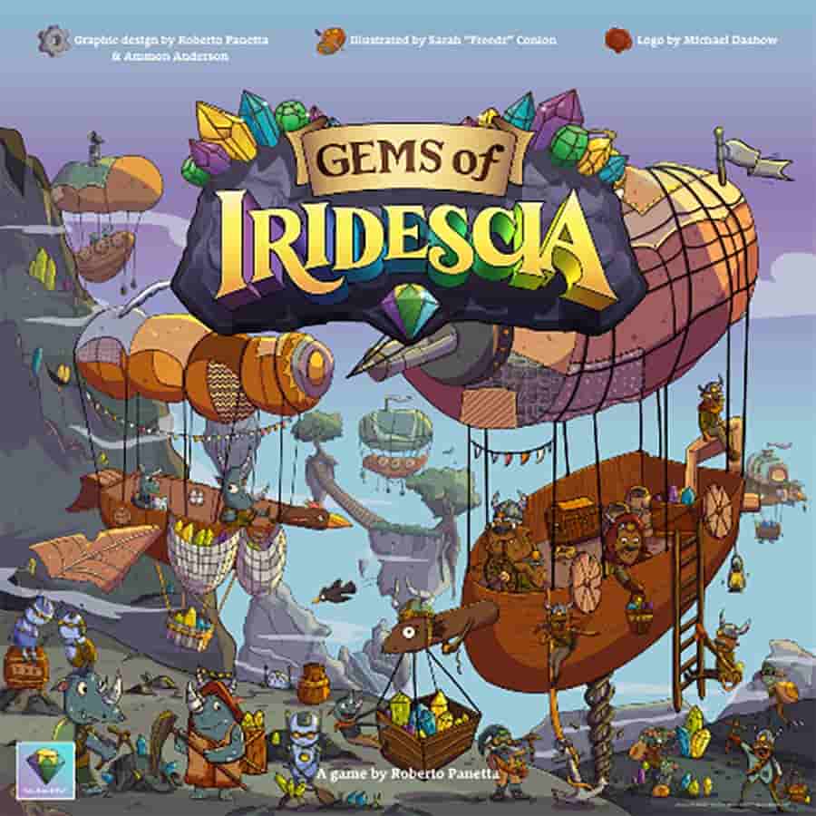Gems of Iridescia board game featuring airships and gem-mining islands in a colorful setting.