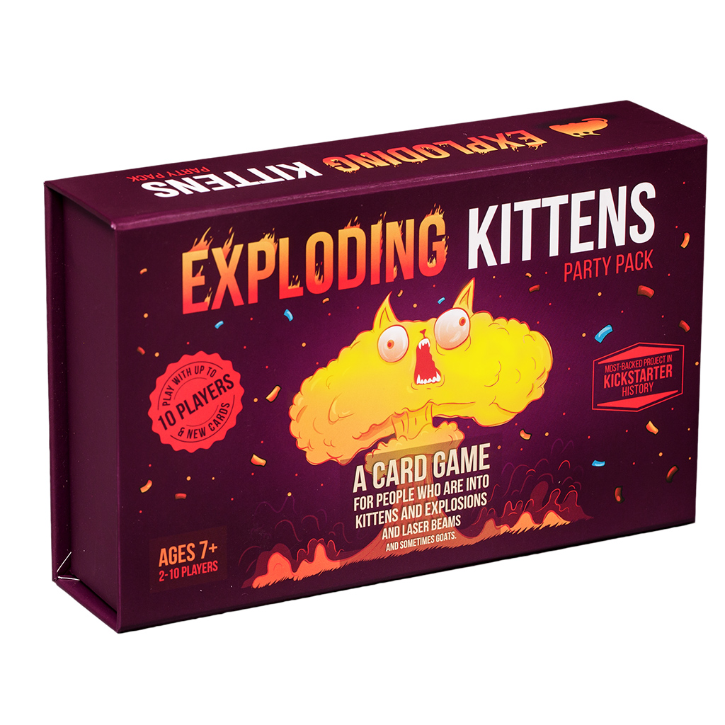Exploding Kittens Party Pack game box with cartoon cat and colorful card designs.