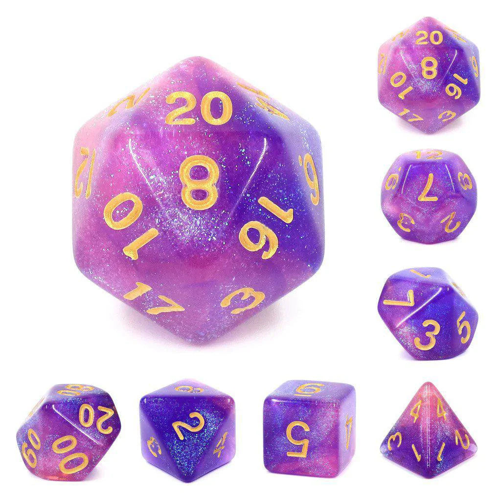Briar Rose Aurora RPG Dice Set: seven purple and pink dice with yellow numbers on a white background.