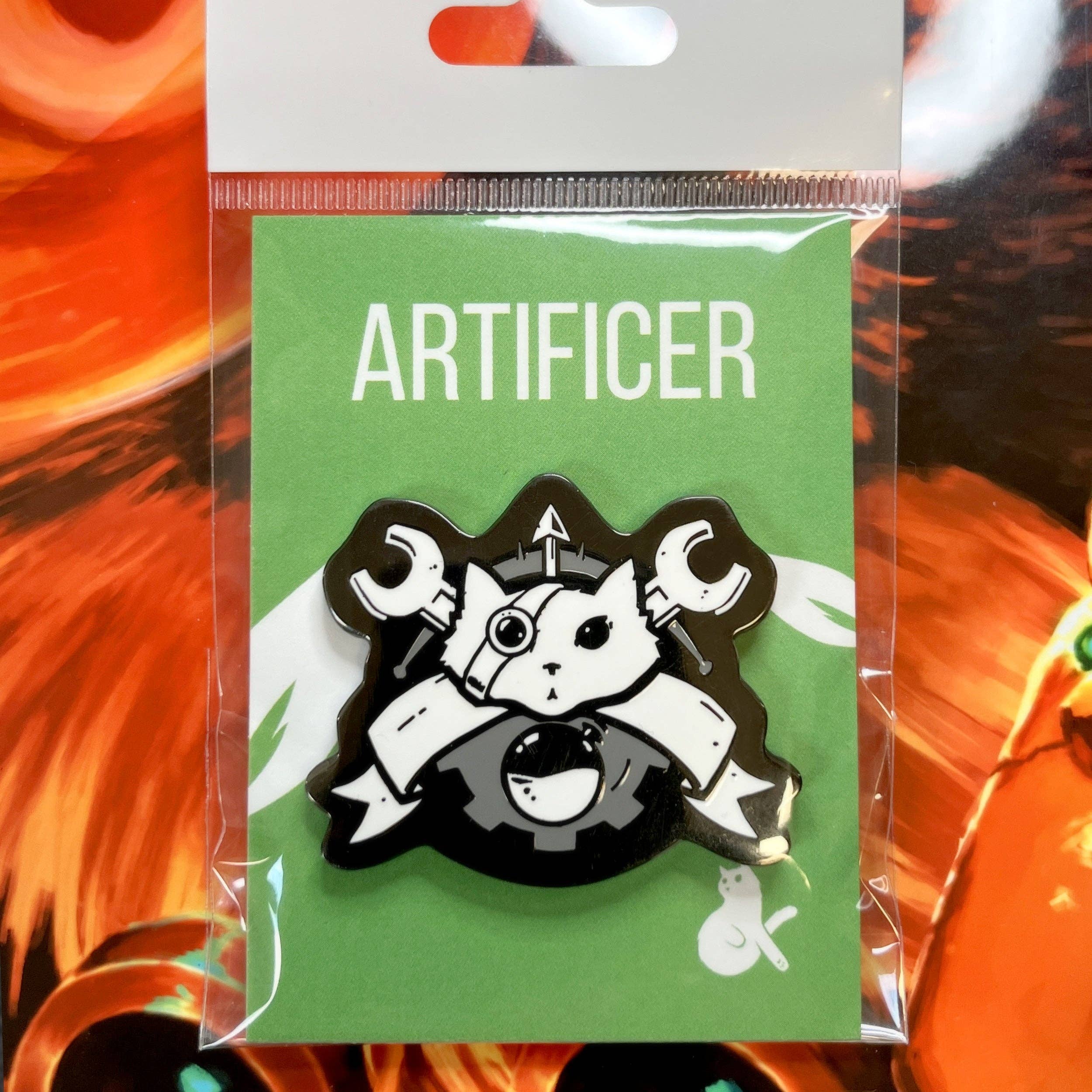 Artificer Enamel Pin: cartoon animal with wrenches, crown, and gear, black nickel hard enamel on green card.