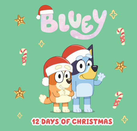 Bluey: 12 Days of Christmas product with Bluey and Bingo in Santa hats, candy canes, and stars.