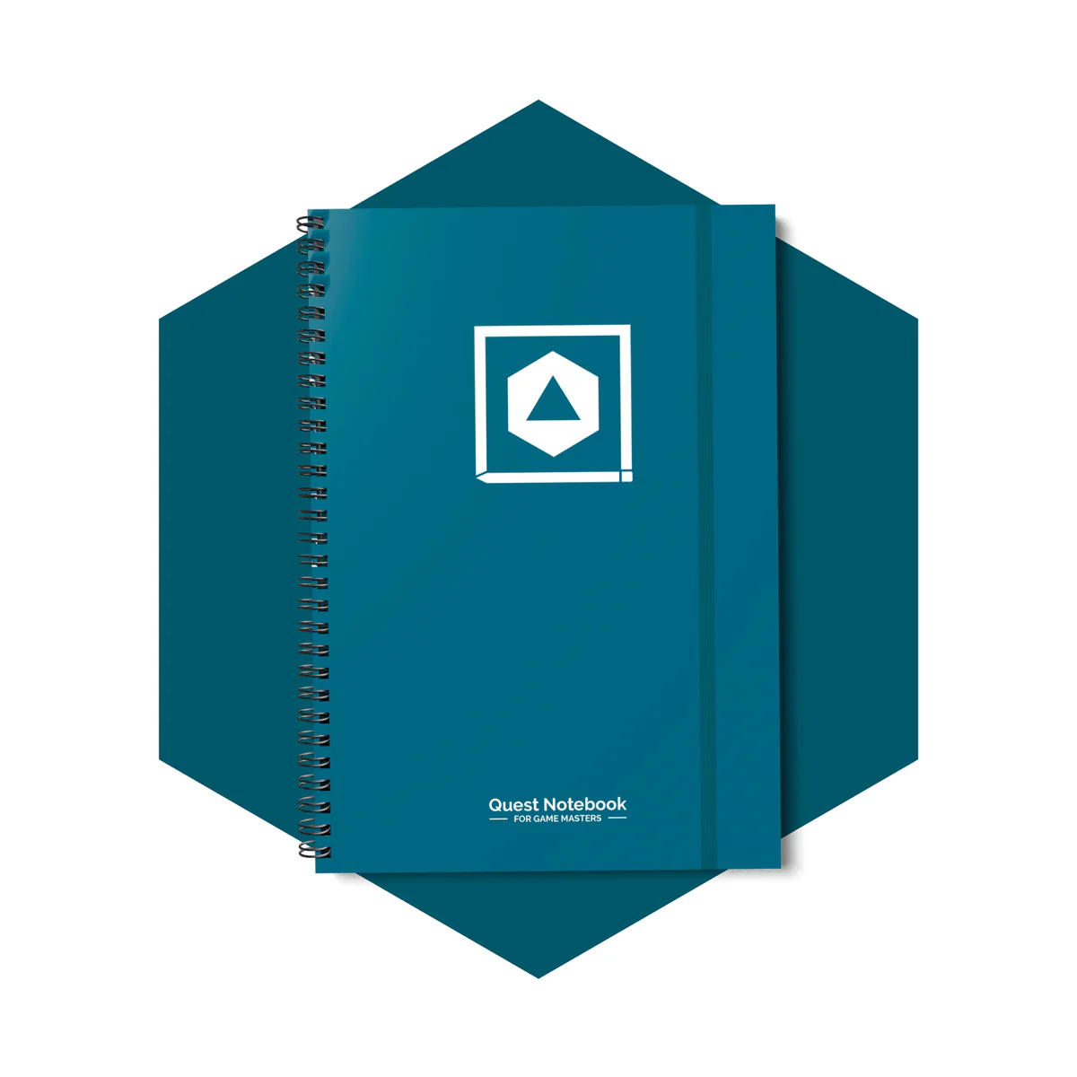 Teal Quest Notebook with geometric logo and Game Masters on the cover.