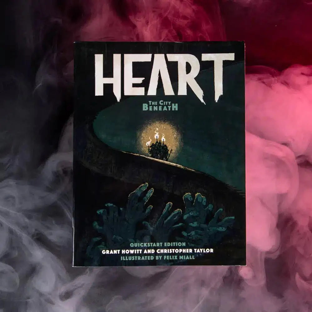 Heart Quickstart game book with a smoky red and white cover featuring hands reaching upward.