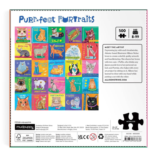 Purr-fect Portraits 500 Piece Family Puzzle box showing cat images, puzzle details, and artist bio on white background.