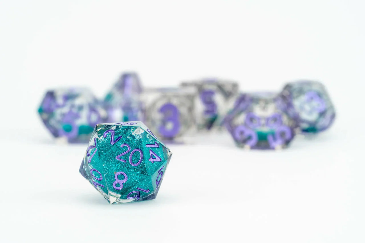 Turquoise and purple 20-sided die from the Elixir Liquid Core Dice Set: Disco Vibes.
