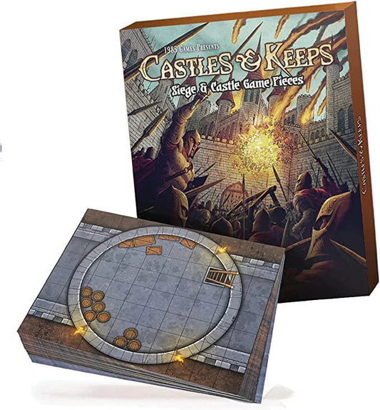 Dungeon Craft - Castles & Keeps Book with castle siege scene next to game board featuring stone and barrels terrain.