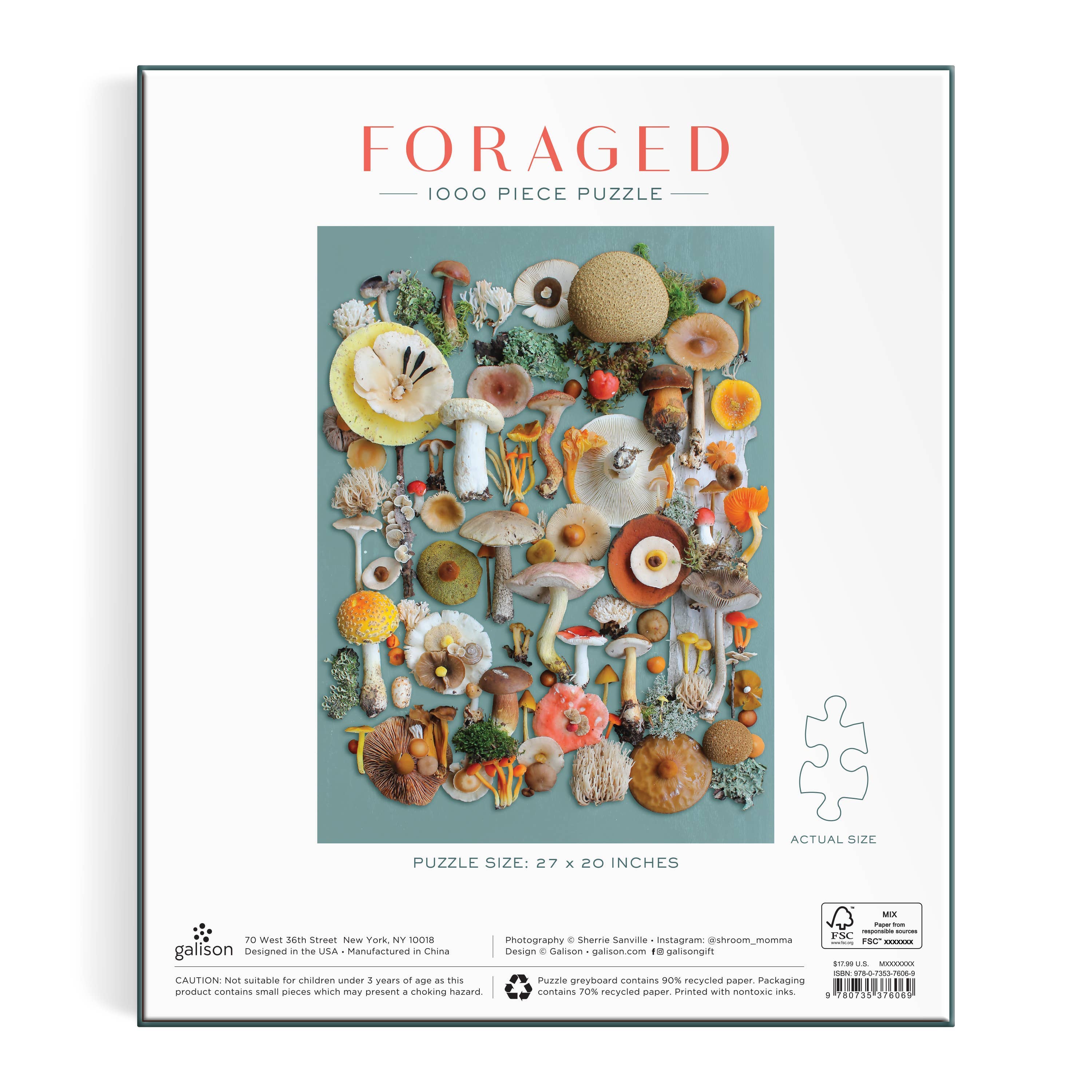 Back of Foraged 1000 Piece Puzzle featuring foraged plants on recycled paper, light blue background.