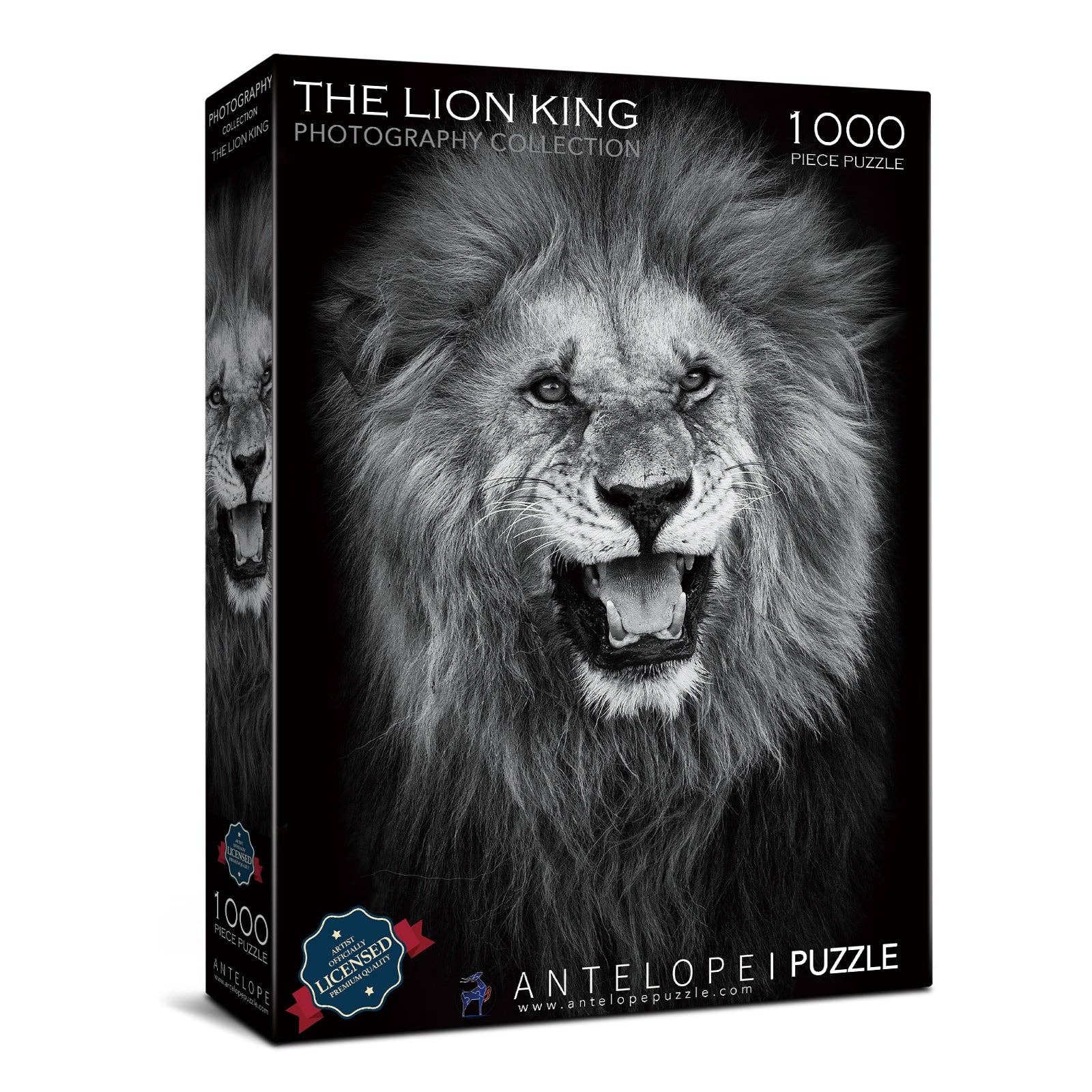 The Lion King 1000 Piece Jigsaw Puzzle featuring a black and white roaring lion, Serengeti Tanzania Collection.