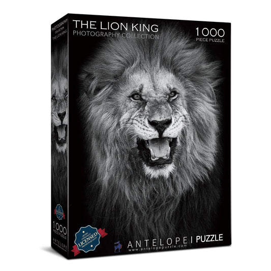 The Lion King 1000 Piece Jigsaw Puzzle featuring a black and white roaring lion, Serengeti Tanzania Collection.