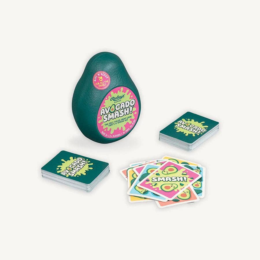 Avocado Smash CDU card game in an avocado-shaped case with cards displayed.