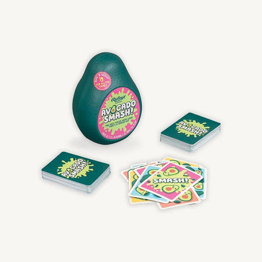 Avocado Smash card game in an avocado-shaped case with colorful playing cards.