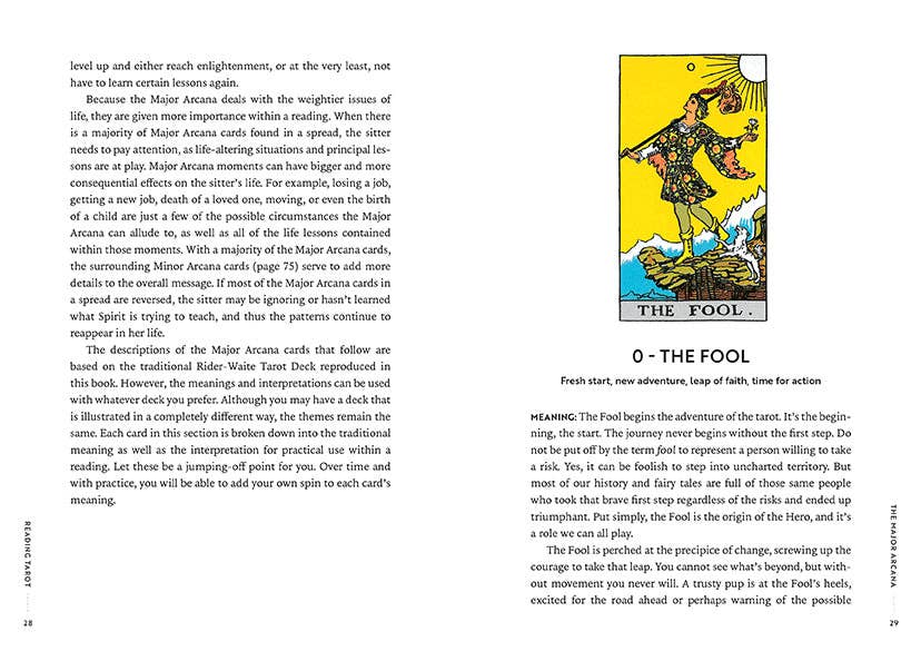 Reading Tarot: Find Your Inner Fortune Teller book open to The Fool card page with text and illustration.