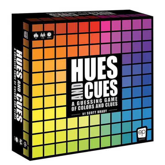 Hues & Cues party game box with a front grid of colorful squares.