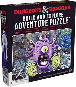Dungeons and Dragons Build and Explore Adventure 1000-piece puzzle featuring a beholder and interactive art.