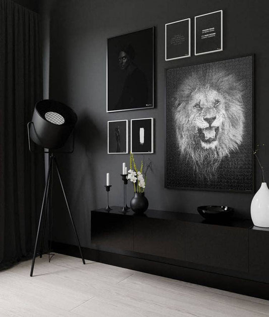 The Lion King 1000 Piece Jigsaw Puzzle displayed on wall in a room with dark walls and black furniture.