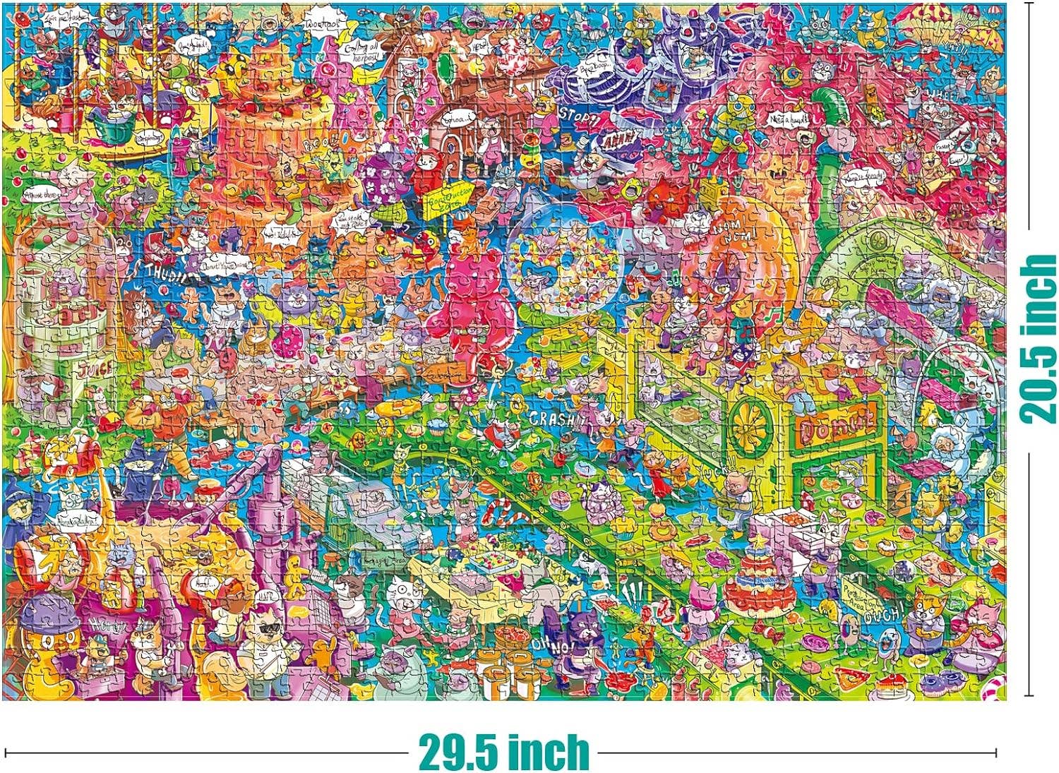 Candyland 1000-piece puzzle featuring food, animals, and characters; finished size 29.5 x 20.5 inches.