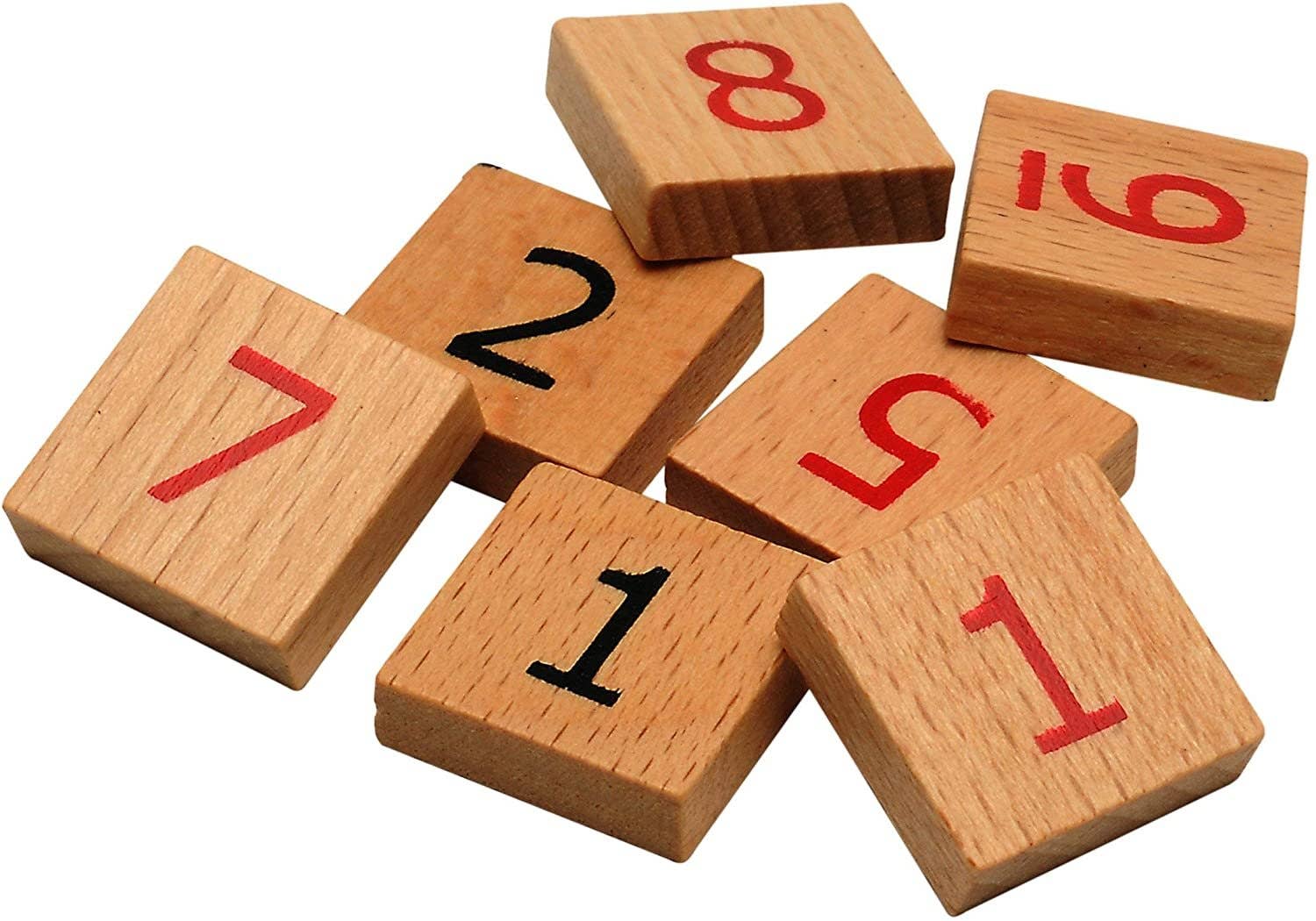 Seven tiles from the 11.5-inch Wooden Sudoku Board in Walnut Stain shown on a white background.