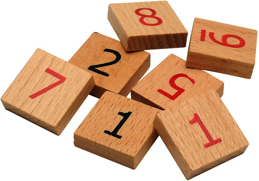 Seven tiles from the 11.5-inch Wooden Sudoku Board in Walnut Stain shown on a white background.