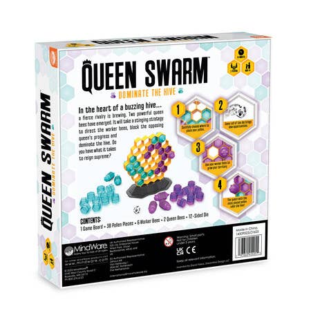 Queen Swarm box back with area control pieces, game instructions, and list of included components.