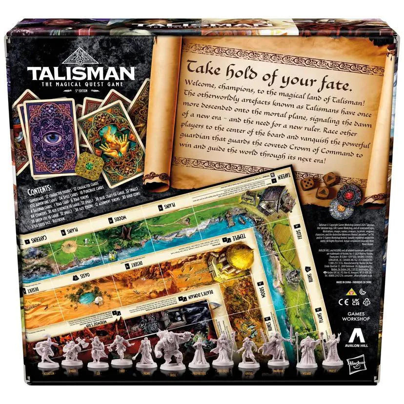Back of Talisman The Magical Quest Board Game 5th Edition box with cards, board, and mini figures displayed.