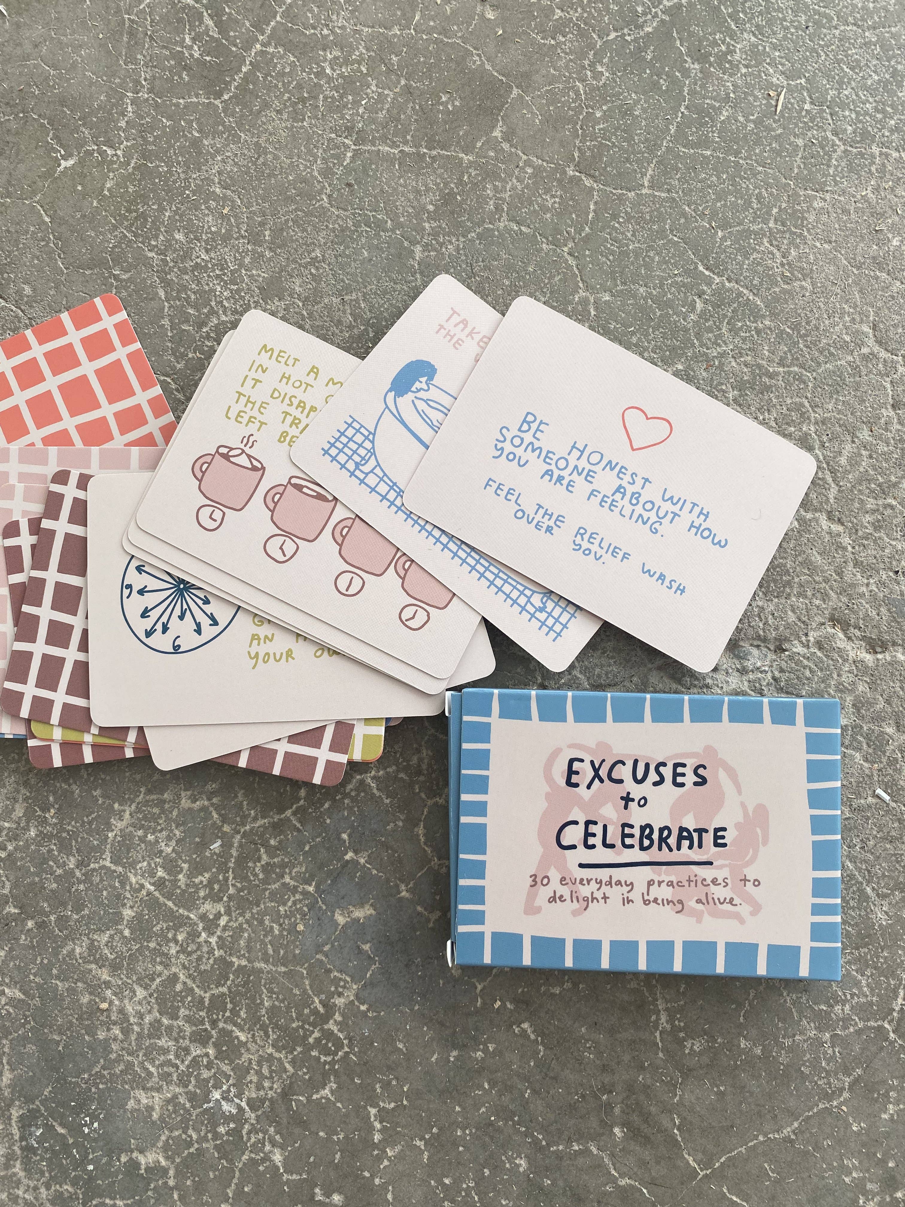 The Excuses To Celebrate Deck on a gray textured surface.