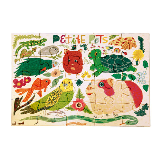 Petite Pets 20 Piece Puzzle featuring illustrations of a parrot, guinea pig, turtle, fish, and rabbit.