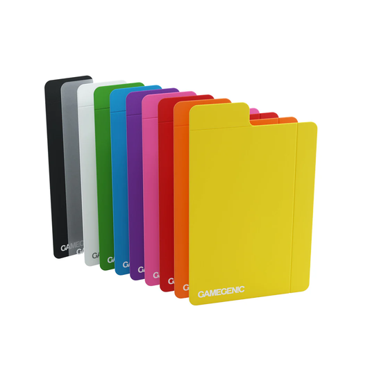 Nine Flex Card Dividers (66 x 92 mm) with foldable tabs, arranged upright, Gamegenic label visible in corner.