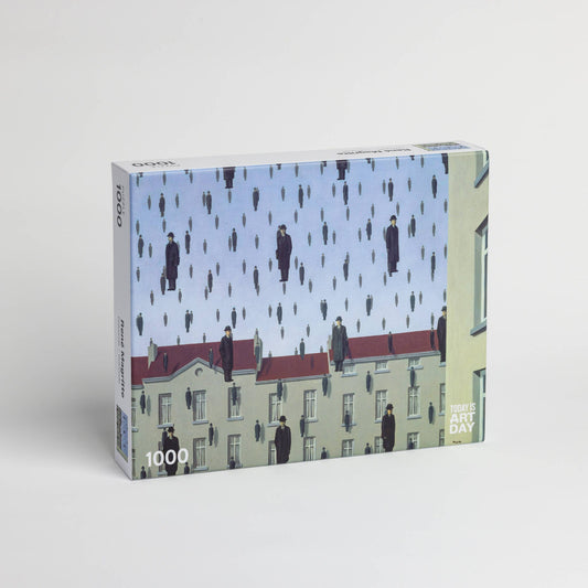 René Magritte Golconda 1000-piece puzzle featuring men in bowler hats raining over rooftops.