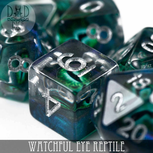 Green and blue resin dice with silver numbers, Watchful Eye - Reptile variant.